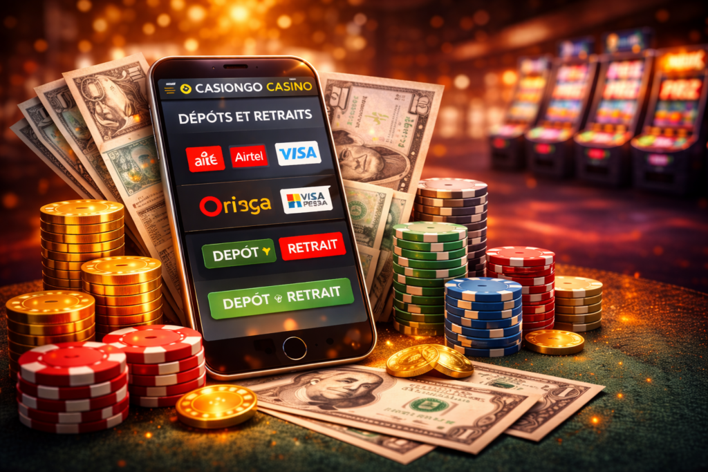 Machines à sous lumineuses avec symboles 777 et table de blackjack avec cartes et jetons, représentant les jeux disponibles sur Casongo Casino en ligne en République Démocratique du Congo.